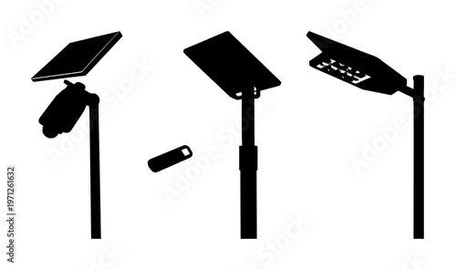 Solar street light icon set with solid black icon, white background featuring solar powered, street lighting, urban night with energy and sustainability