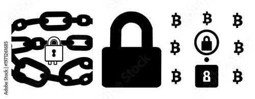 Blockchain technology set with secure data block connection featuring digital encryption, distributed ledger, financial transaction with network security and cyber technology