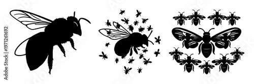 Bee cluster set with solid black icon on white background featuring bees, swarm, intelligence with icon design and vector illustration