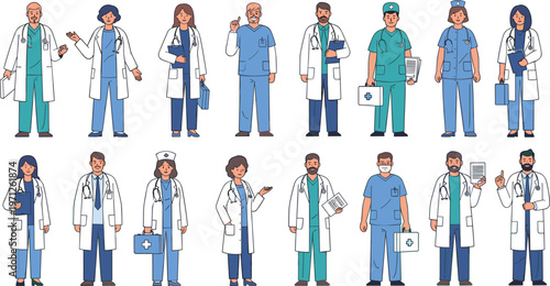 Diverse Medical Staff Vector Set Featuring Doctors and Nurses in Uniforms with Stethoscopes and Clipboards for Healthcare and Clinical Presentation Designs
