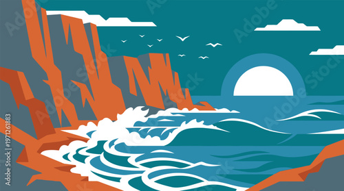 dramatic red rock arch over ocean waves vector illustration