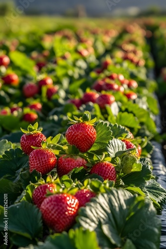 The spring fields where fruit farmers pick bright red strawberries