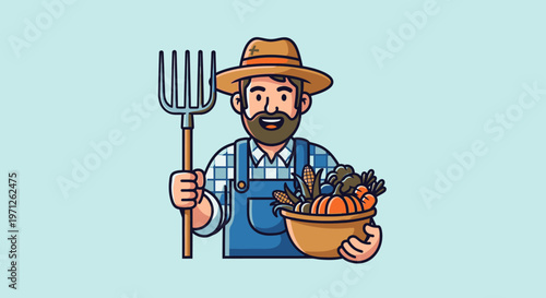 Cartoon farmer with pitchfork and harvest bowl on a blue background