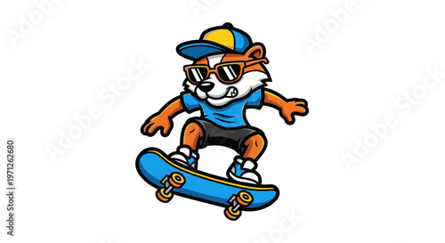 Cartoon fox skateboarding wearing sunglasses and cap against white background
