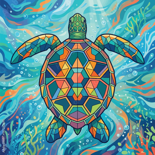 vibrant stained glass sea turtle swimming underwater vector illustration