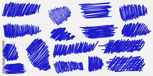 Blue  ripped grunge textures, coin scratches textures on cratchcard or lottery ticket. Hand-drawn smears. Marker, pencil, pen or ink scribbles. Vector graphic flat illustration.