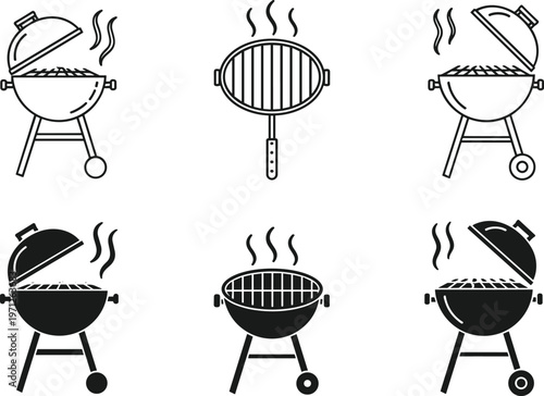 Barbecue grill icons set with charcoal BBQ cooker and outdoor cooking symbols isolated on white background for grilling, picnic and food preparation concepts