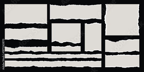 Torn paper texture. Collection of torn paper edges. Various shapes of ripped paper. Vector set