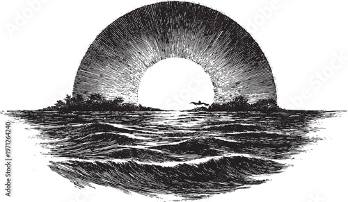 A choppy ocean and the rising sun, vector illustration. This vector illustration can be used in any size you like for advertising, logos, and other work.