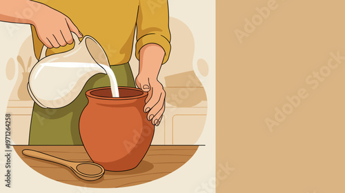 Milk being poured into clay pot by hands in warm rustic kitchen setting, vector. Concept of traditional preparation, homemade fermentation, and slow crafted dairy process.