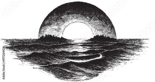 A choppy ocean and the rising sun, vector illustration. This vector illustration can be used in any size you like for advertising, logos, and other work.