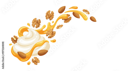 Flowing skyr with honey and scattered nuts in dynamic motion on clean background, vector. Concept of indulgent healthy dessert, natural sweetness, and fluid texture appeal.