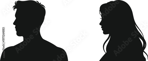 Black Silhouettes of Male and Female Profiles Facing Each Other on White Background vector illustration