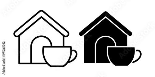 Home coffee cup icon set with relaxation comfort lifestyle concept outline and solid style icons