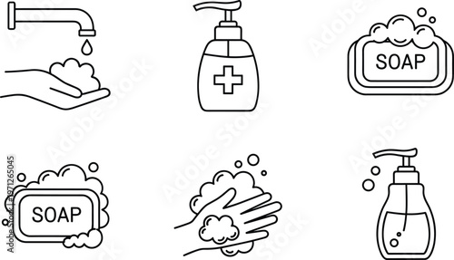 Hand washing and hygiene icons set with soap, sanitizer and cleaning symbols isolated on white background for health, cleanliness and personal hygiene concepts