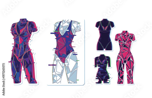 Glitch Art Fashion Bodysuit Silhouette Sticker, Neo Digital Girl Shards Vector, Modern High Tech Intimacy Illustration