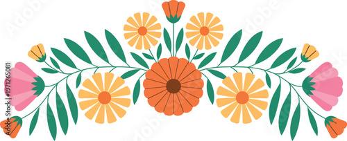 Colorful flowers and leaves arrangement isolated on transparent background