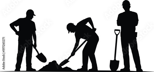 Construction workers digging and standing with shovels on white background silhouettes