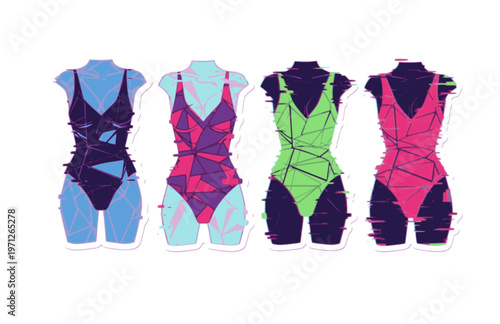 Glitch Art Fashion Bodysuit Silhouette Sticker, Neo Digital Girl Shards Vector, Modern High Tech Intimacy Illustration