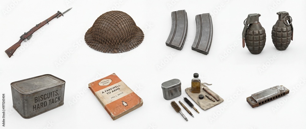 Comprehensive still life of World War II military essentials: rifle, helmet, grenades, rations, book, cleaning kit, and harmonica. Isolated on white for historical, educational, or thematic projects.