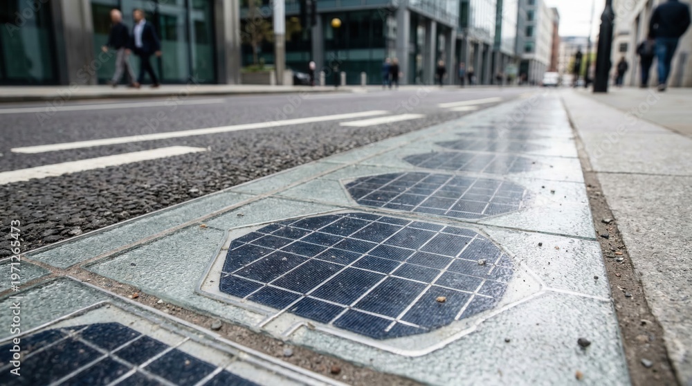 Fototapeta premium Solar panels embedded in a city road surface. Smart city infrastructure with photovoltaic cells on a street. Sustainable energy and green technology in urban environment