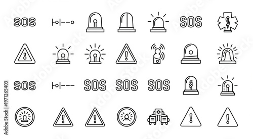 Emergency and warning symbols, signs, and icons for safety and alerts.