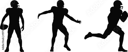 Silhouettes of American Football Players in Various Poses on White Background athlete sport