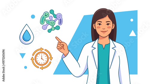 Female scientist pointing at microbiome icons with skyr reference in clean medical style, vector. Concept of gut research, probiotic science, and evidence based nutrition awareness.