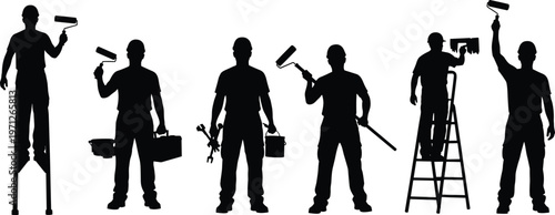Silhouettes of Construction Workers with Tools and Painting Equipment Keywords: construction, worker, painter, builder, craftsman
