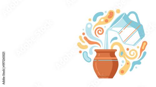 Clay pot with milk carton and swirling fermentation elements in dynamic flat composition, vector. Concept of transformation process, cultured dairy production, and natural ingredient interaction.