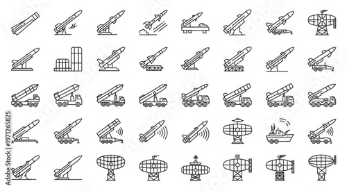 Collection of various military missile launcher icons in black and white style.