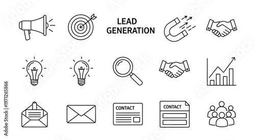 Lead Generation Icons Representing Business Marketing and Sales Strategies.