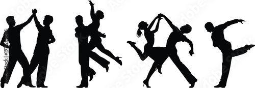 Silhouettes Of Couples Dancing And Interacting On White Background dance movement