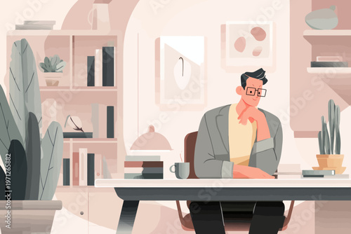 Young caucasian male working at home office desk in modern minimalist space