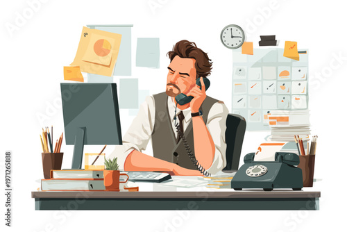 Stressed caucasian male adult in office engaged in phone call
