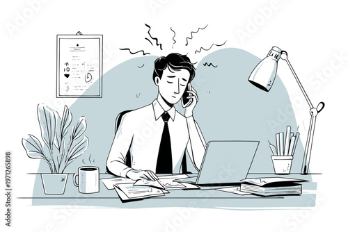 Stressed young caucasian male working at desk with laptop and phone