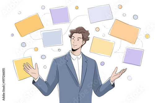 Young caucasian male professional juggling ideas in formal attire with floating notes