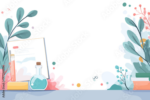 Colorful science background with plants and laboratory glassware