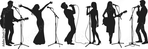 Silhouettes of Musicians Performing on Stage with Microphones and Guitars vector untitled