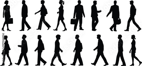 Silhouettes of men and women walking in profile on white background people