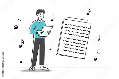 Young male caucasian cartoon character holding sheet music surrounded by musical notes
