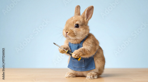 Cute brown rabbit wearing a blue denim apron and holding a screwdriver perfect for handyman repair or DIY service concepts