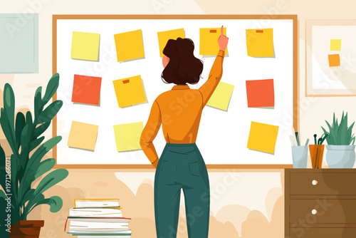 Female adult caucasian organizing colorful sticky notes on office whiteboard
