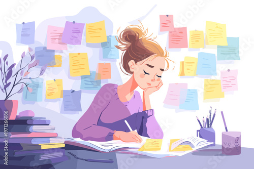 Young caucasian female studying in a colorful, organized workspace