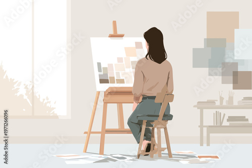 Young female artist painting on canvas in sunny studio