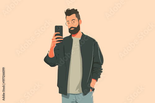 Trendy young man with beard and glasses taking a selfie with smartphone