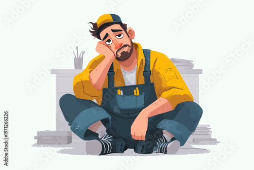 Worried male character in overalls with thoughtful expression