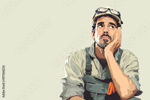 Thoughtful caucasian male adult in workwear and cap against plain background