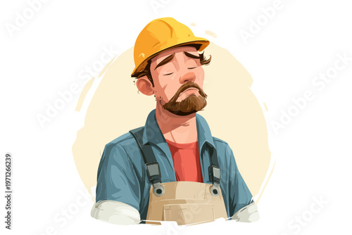 Cartoon male construction worker in overalls and hard hat looking relaxed