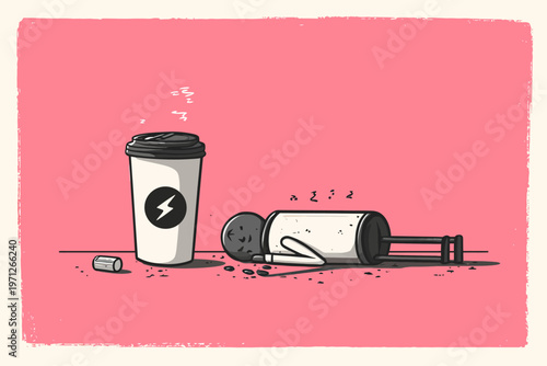 Exhausted coffee cup character next to tall cup on pink background